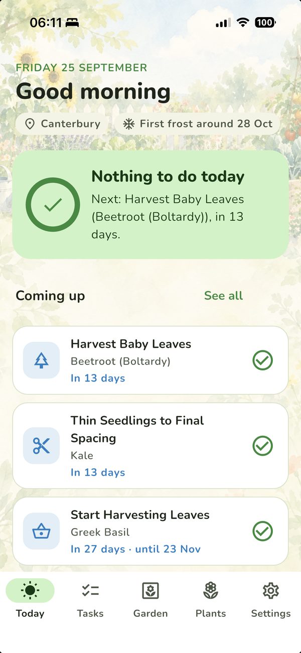 PlantSowGrow app: today's garden jobs, with upcoming harvesting and thinning tasks for Canterbury